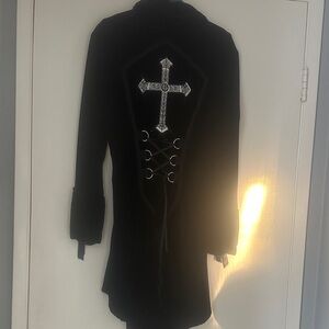 Black velvet jkt with Lace up Sleeves and gothic cross symbol on the back size s